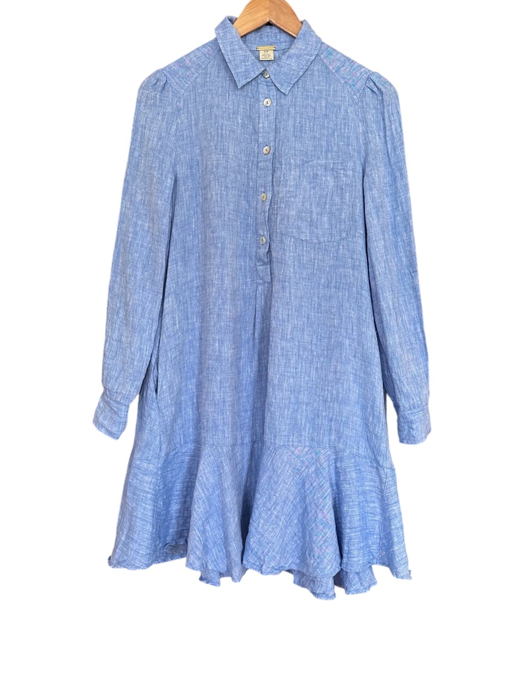 Magaschoni Blue Linen Button Front Ruffle Hem Shirt Dress Small Coastal Preppy